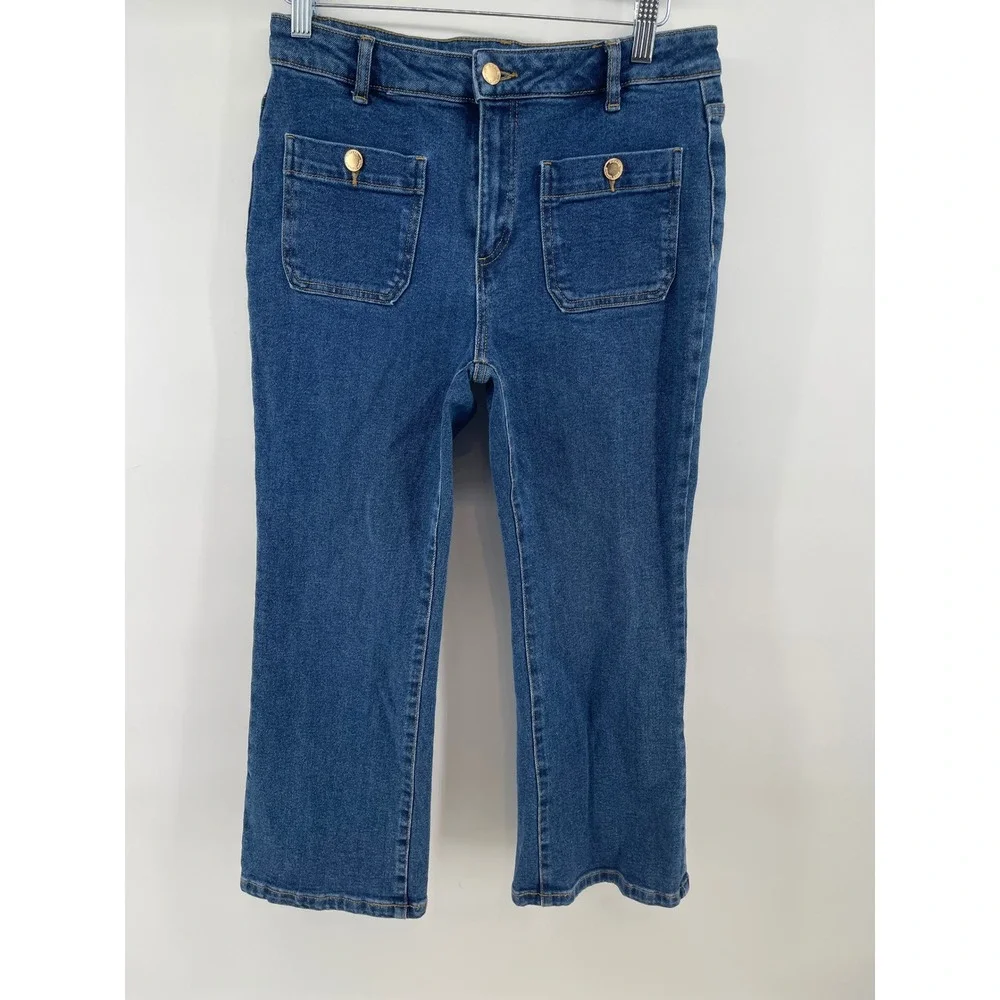 Michael Kors Womens Size 8 Blue Denim Cropped Sailor Jeans Gold Button Pockets